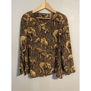 Vintage Womens Top Large Brown Animal Print Elephants Camels Silk Artsy Wacky